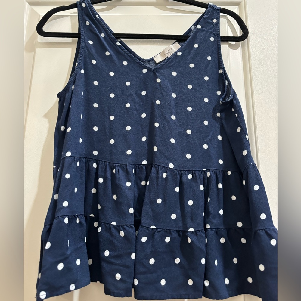 Loft women’s top small navy blue and white polka dots
